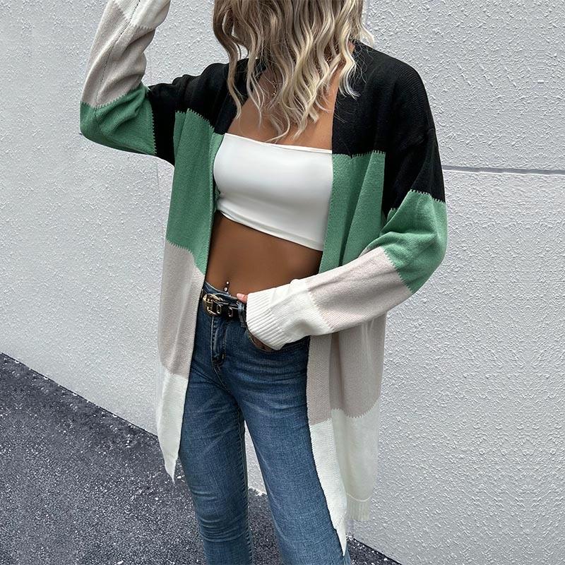 V562-A201347300ADE-202505262026-00 Long Cardigan Open Front Colour Block Cardigan Knit Sweaters Green - M - Image 1