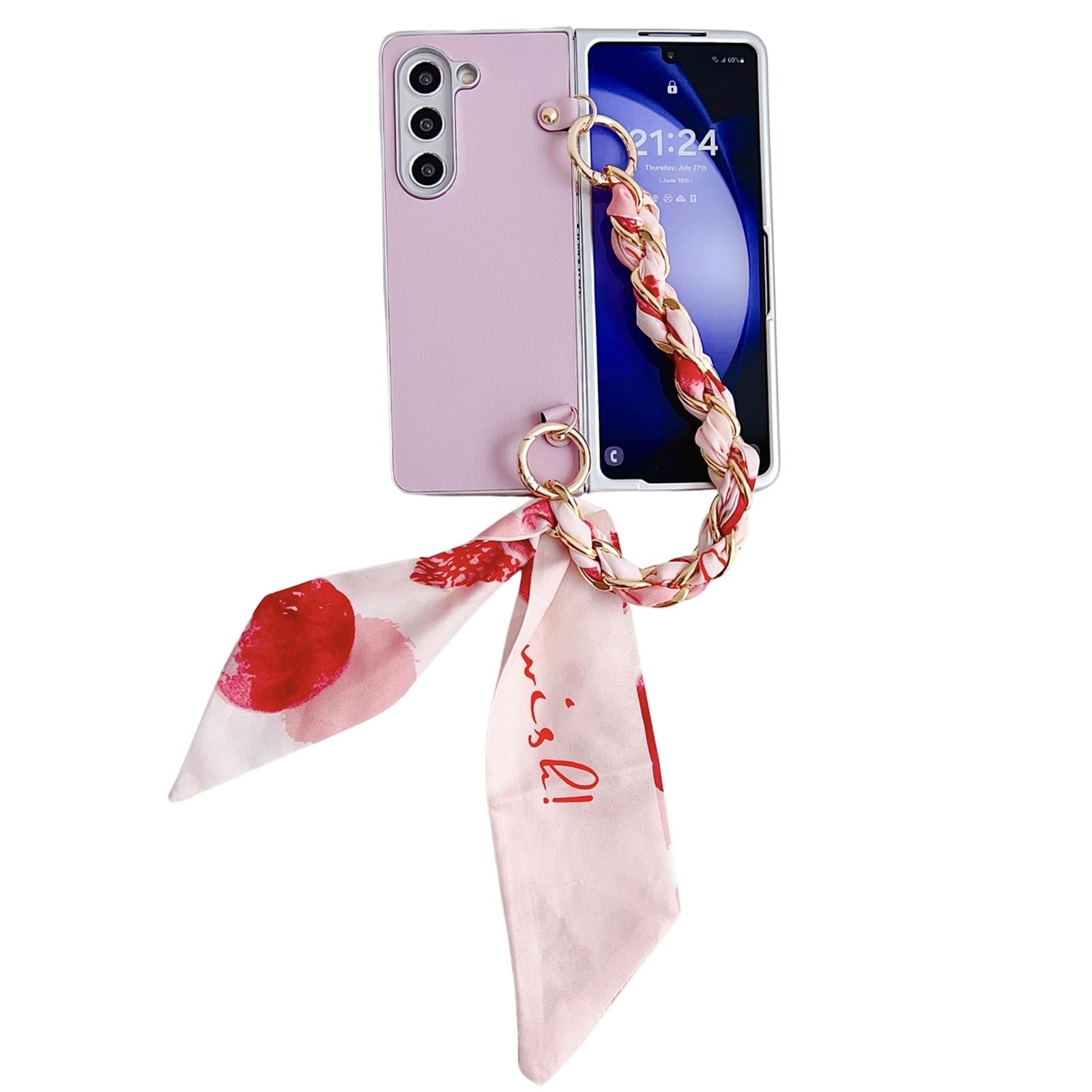V562-A202661600ADE-202505221910-00 For Samsung Galaxy Z Fold4 5G Leather Phone Case With Metallic Paint And Scarf Bracelet - Pink - Image 1