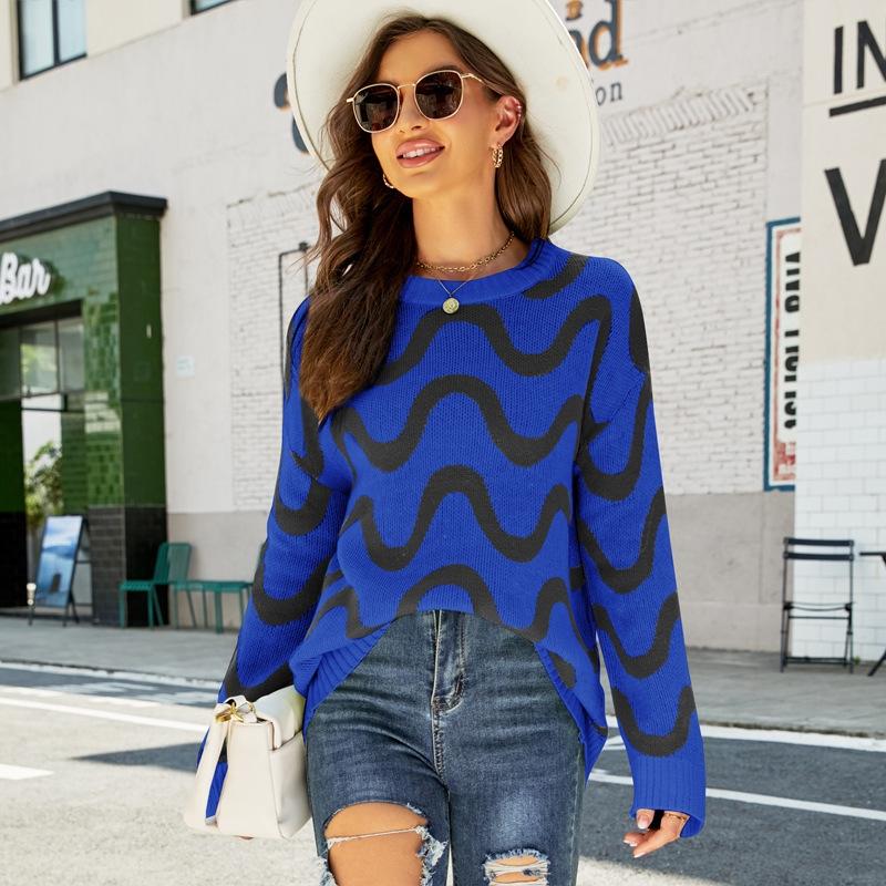 V562-A3018123060DBT-202505261925-00 Women Casual Pullover Sweater Round Neck Wave Pattern Collision Colour Knitted Sweater - Size L Black - Black - Image 1