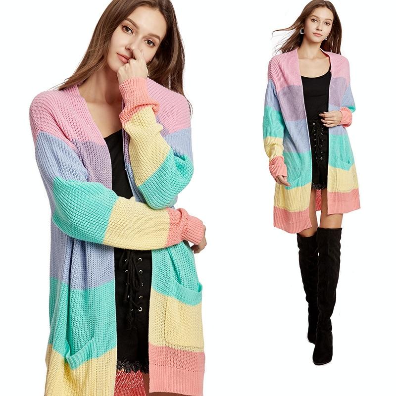 V562-A3063404830DBT-202505262027-00 Loose Long Knitted Cardigan Women Sweater Jacket - Size L Rainbow Stripes - Image 1