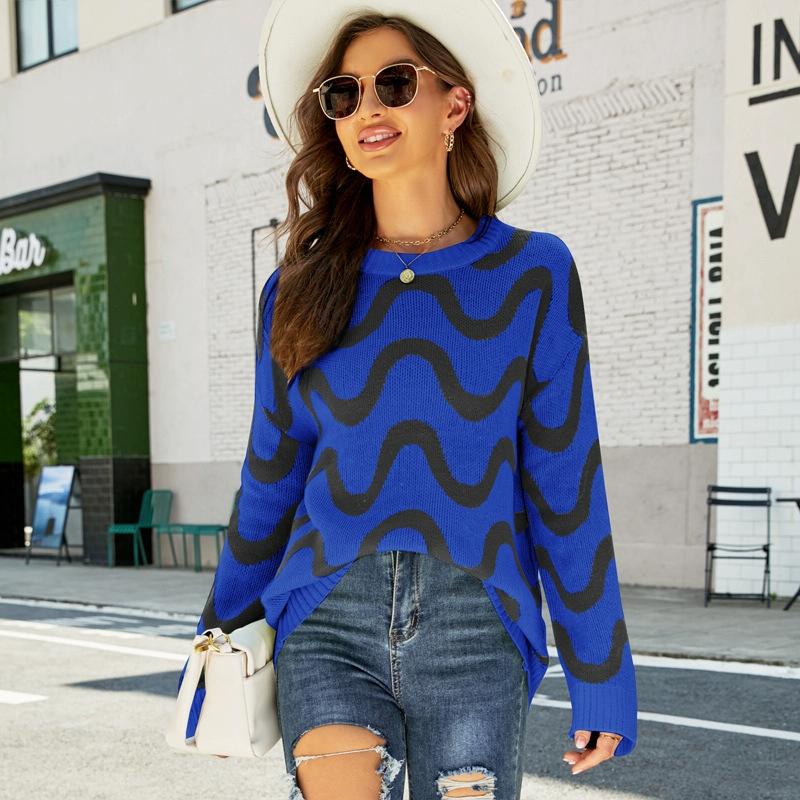 V562-A4018123060DBT-202505261925-00 Women Casual Pullover Sweater Round Neck Wave Pattern Collision Colour Knitted Sweater - Size Xl Black - Black - Image 1