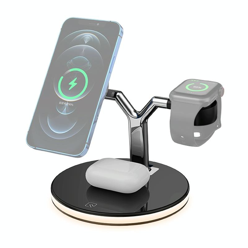 V562-B0216G8PI-202504211953-00 15W 3 In 1 Magnetic Wireless Charger For Phones Watches And Airpods With Led Light - Black - Image 1
