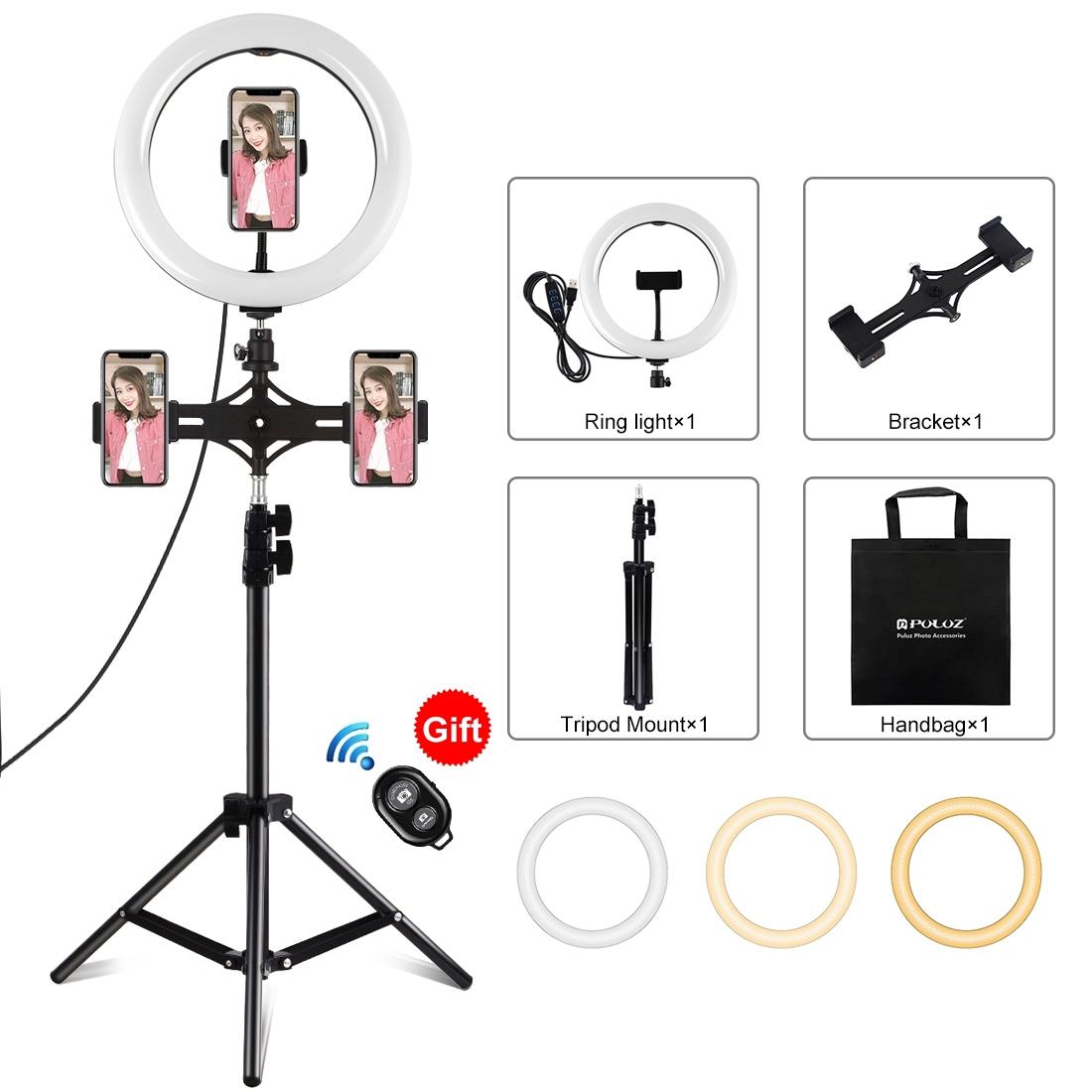 V562-B0703TKP-202503071410-00 10.2 Led Ring Light with Tripod & Dual Phone Brackets - Usb Dimmable Dual Colour Temperature Selfie Remote - Black - Image 1