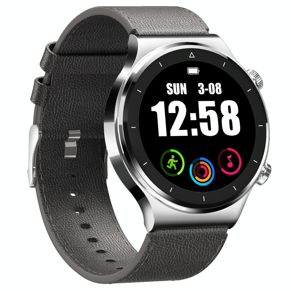 V562-B101407100AYS-202504252015-00 1.28 Inch Touch Colour Screen Smart Watch Black - Leather Silver - Image 1