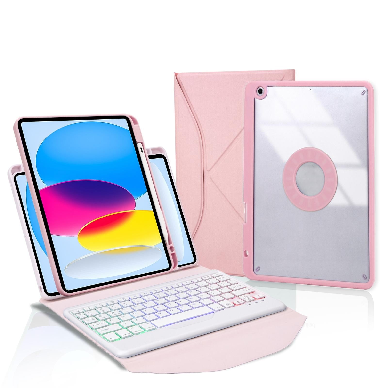 V562-B107575400ADE-202504291907-00 Bluetooth Keyboard Leather Tablet Case With Pen Slot And Backlight - Pink - Image 1