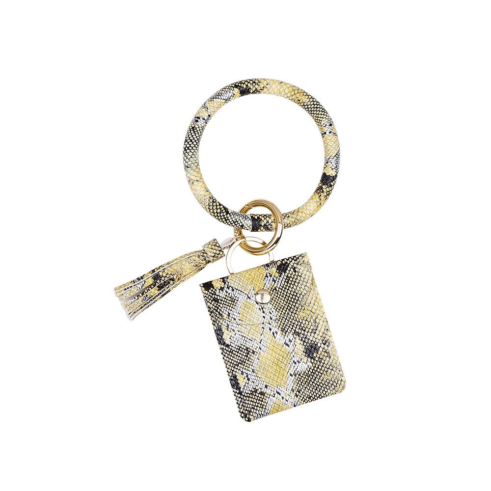 V562-B1094643450DBT-202503281931-00 Snake Print Wrist Keychain Coin Purse Black Pu Leather Bracelet Card Case - Yellow - Image 1