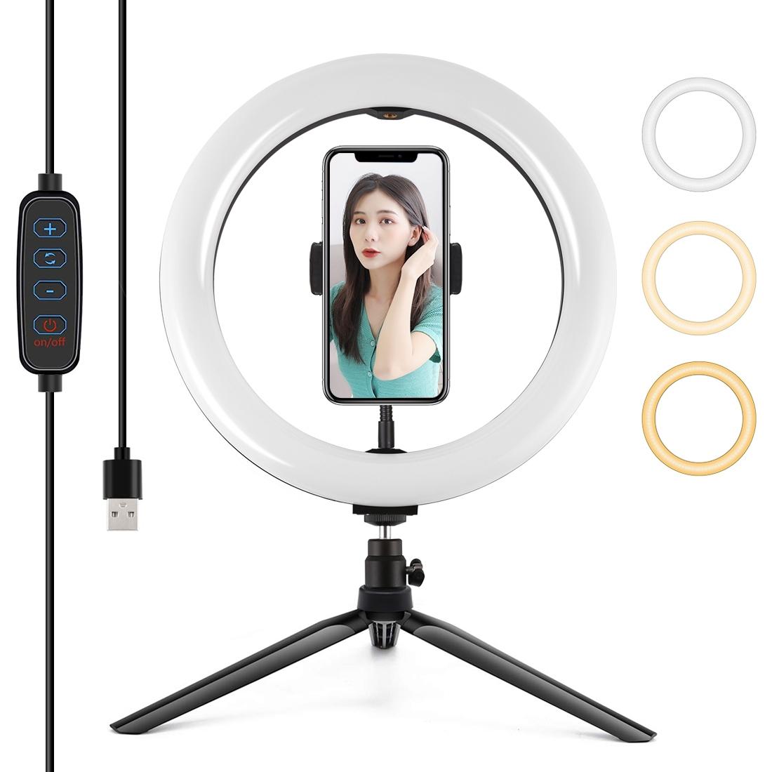V562-B1703TKP-202502241250-00 10.2 Selfie Beauty Light with Tripod Mount and Usb 3 Modes Dimmable Led Ring for Vlogging and Photography Cold Shoe Ball Head and Phone Clamp - Black - Image 1