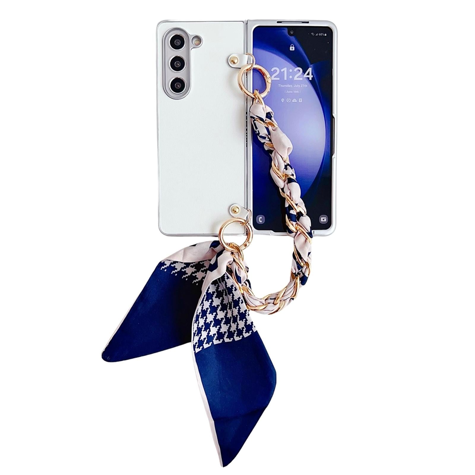 V562-B202661600ADE-202505221910-00 For Samsung Galaxy Z Fold4 5G Leather Phone Case With Metallic Paint And Scarf Bracelet - White - Image 1