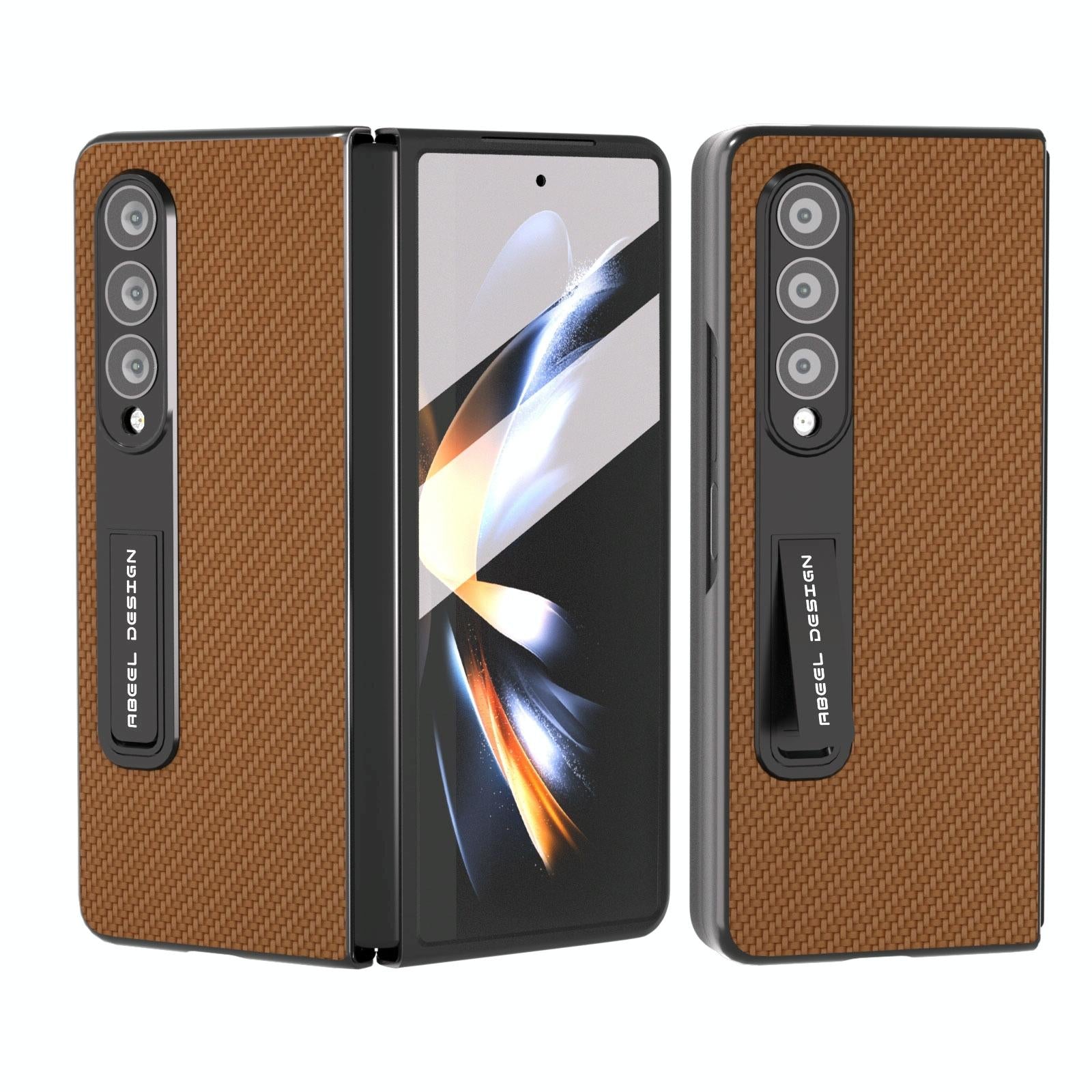 V562-B202707400ADE-202505221916-00 For Samsung Galaxy Z Fold4 5G Carbon Fiber Phone Case With Holder - Dark Brown - Image 1