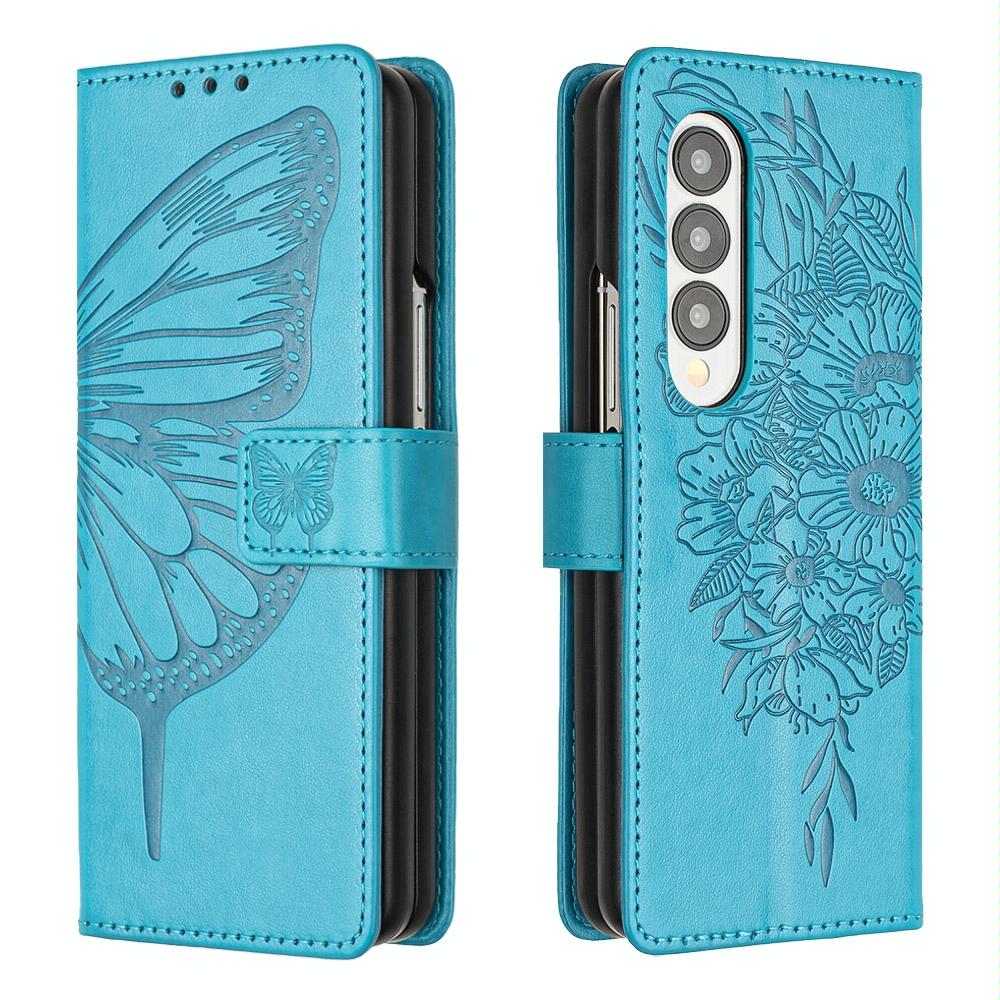 V562-B208387300ADE-227095-00 For Samsung Galaxy z Fold4 5G Butterfly Embossed Leather Phone Case - Blue - Image 1