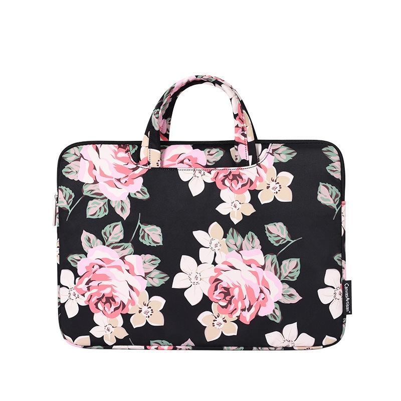 V562-B3071243060DBT-202502281946-00 14 Inch Laptop Case Bag with White Rose Pattern and Handle - Black - Image 1