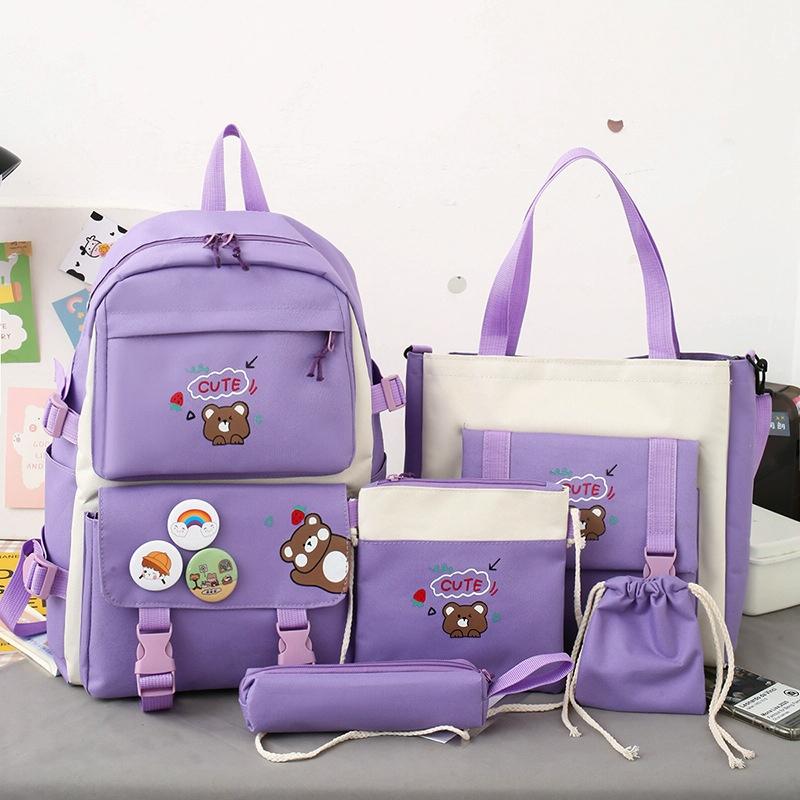 V562-C100676500ADE-202505211946-00 5-piece Girls Backpack Set - Lightweight and Versatile - Dark Purple - Image 1