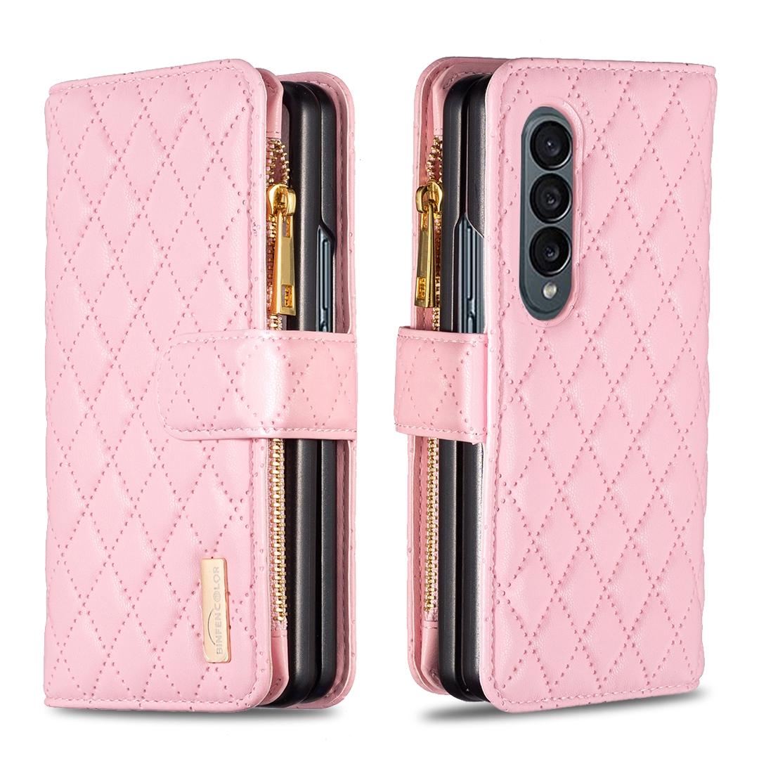 V562-C102265300ADE-202505211942-00 For Samsung Galaxy Z Fold4 5G Leather Zip Wallet - Diamond Lattice Design - Pink - Image 1