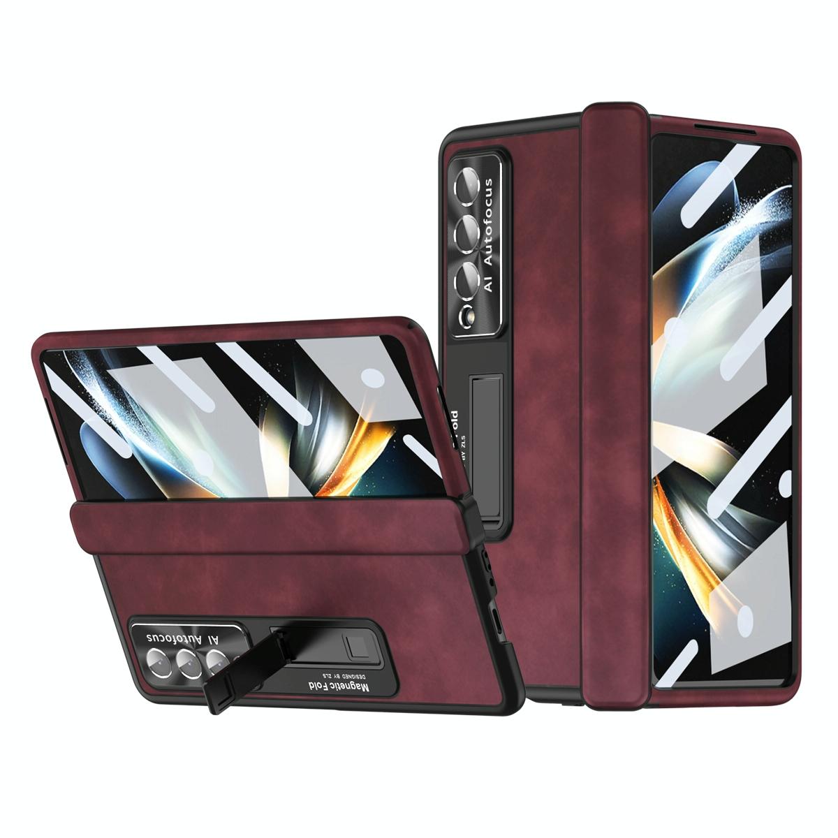 V562-C105351400ADE-202503211516-00 For Samsung Galaxy Z Fold4 5G Magnetic Phone Case - Napa Pattern - Wine Red - Image 1