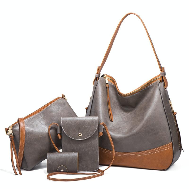 V562-C1071271060DBT-202504281508-00 Large Capacity Diagonal Handbags - 4 in 1 Colour Block Leather Bags - Dark Grey - Image 1