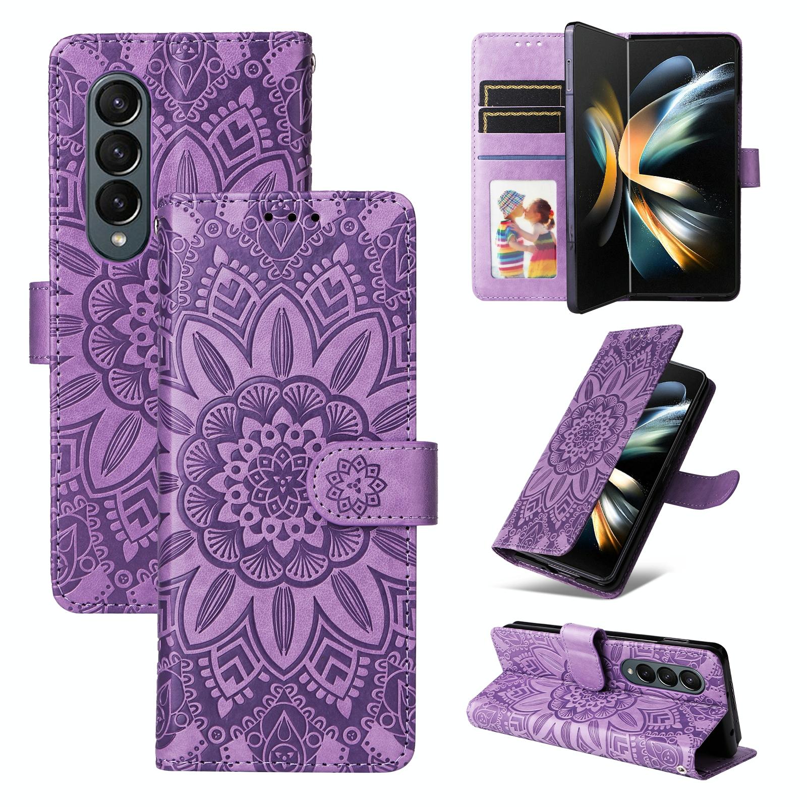 V562-C205363400ADE-202503211410-00 For Samsung Galaxy Z Fold4 5G Sunflower Embossed Leather Phone Case - Purple - Image 1