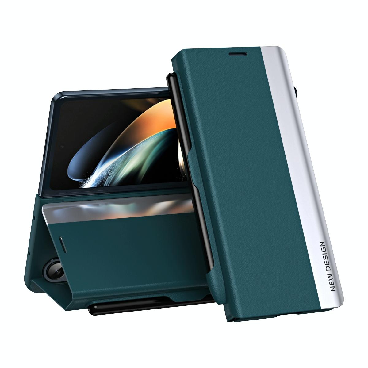 V562-C209010400ADE-202503211421-00 For Samsung Galaxy Z Fold4 5G Leather Phone Case With Pen Slot - Shockproof - Green - Image 1