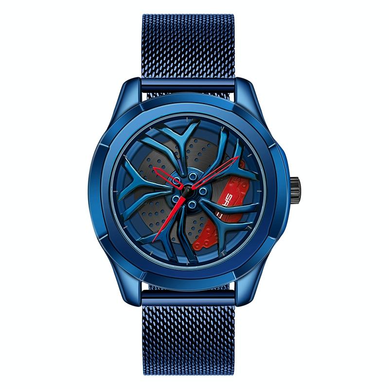 V562-C301432200ADE-202505211930-00 Men Mesh Belt Quartz Watch with 3d Hollow out Wheel - Blue Red - Image 1