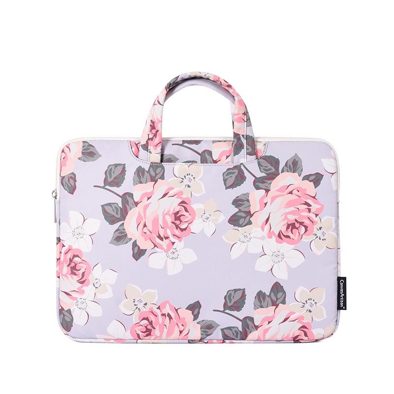 V562-C4071243060DBT-202502282221-00 15 Inch Laptop Case Bag with White Rose Pattern and Handle - Grey - Image 1