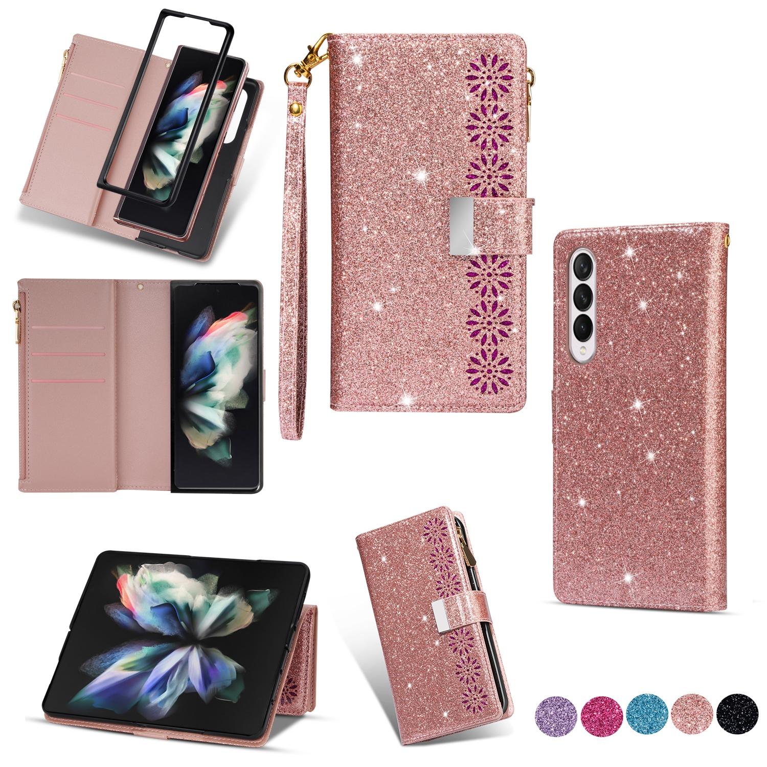 V562-C504564300ADE-202503211426-00 For Samsung Galaxy Z Fold4 5G Sparkling Leather Zip Case - Zipper Closure - Rose Gold - Image 1
