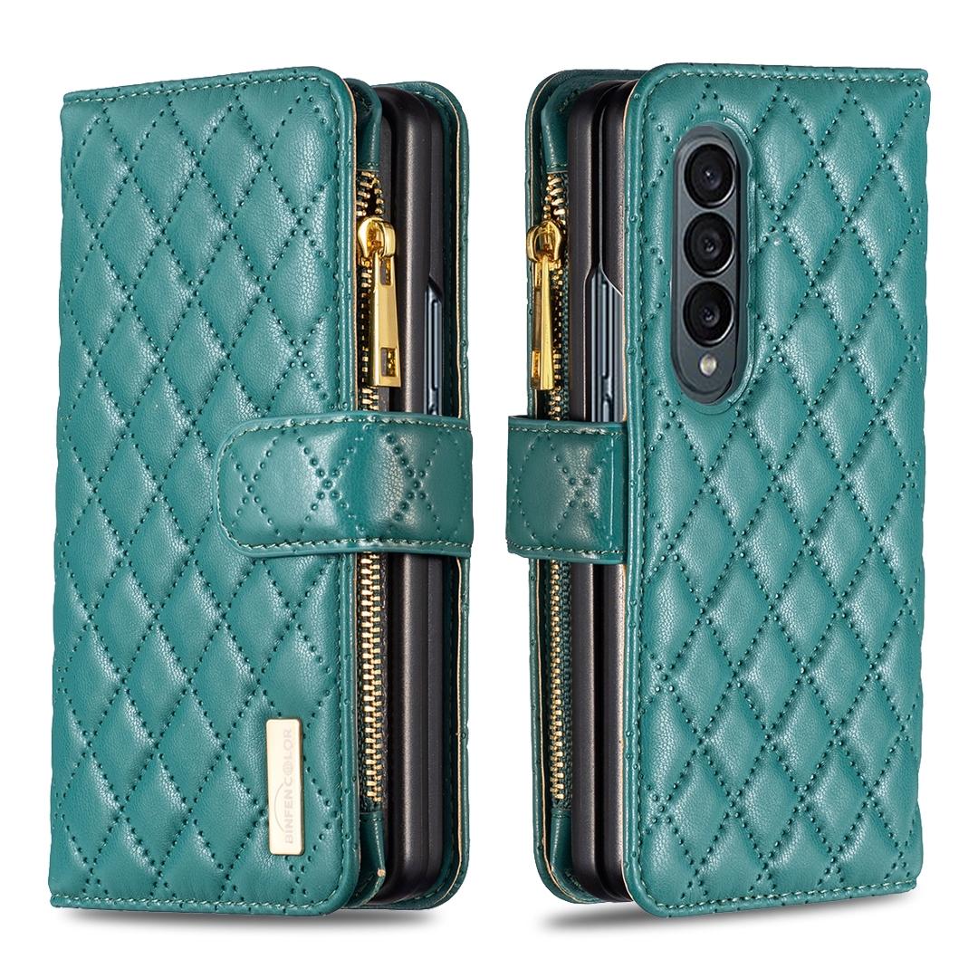 V562-D102265300ADE-202505212011-00 For Samsung Galaxy Z Fold4 5G Leather Zip Wallet - Diamond Lattice Design - Green - Image 1