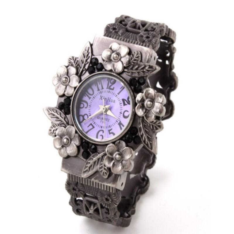 V562-D103779280DBT-227121-00 Flower Embossed Retro Bracelet Watch - Women Quartz - Purple - Image 1