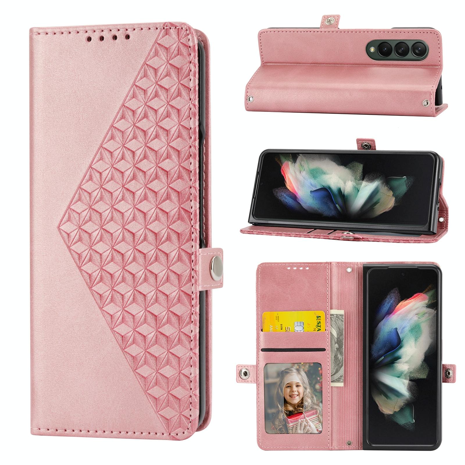 V562-D103857300ADE-202505221922-00 For Samsung Galaxy Z Fold4 5G Textured Leather Phone Case - Cubic Grid Design - Rose Gold - Image 1