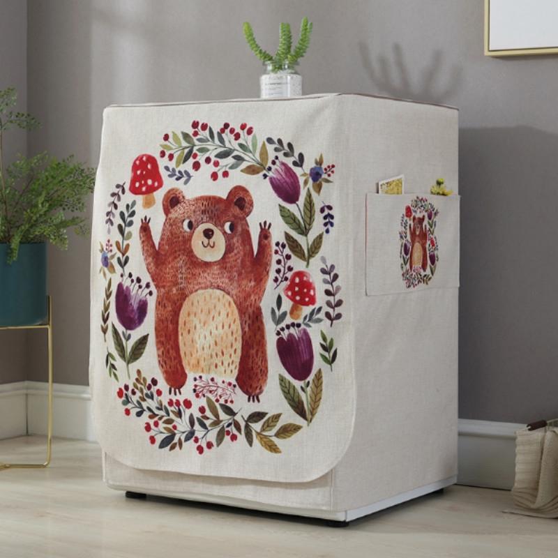 V562-D1042081020DBT-202504301028-00 Cartoon Cotton Linen Drum Roller Washing Machine Dust Cover - 83x60x60cm Size - Happy Bear - Image 1