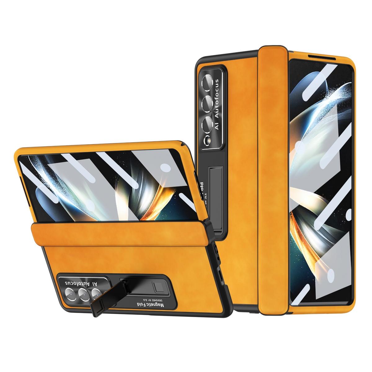 V562-D105351400ADE-202503211515-00 For Samsung Galaxy Z Fold4 5G Magnetic Phone Case - Napa Pattern - Lemon Yellow - Image 1