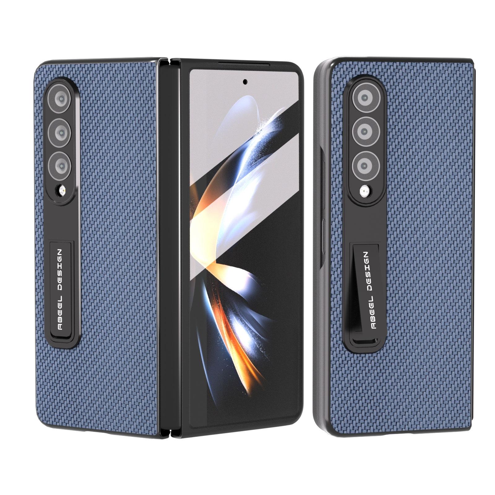 V562-D202707400ADE-202505221916-00 For Samsung Galaxy Z Fold4 5G Carbon Fiber Phone Case With Holder - Light Blue - Image 1