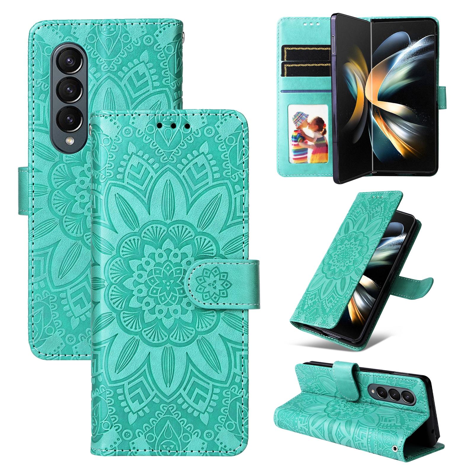 V562-D205363400ADE-202503211410-00 For Samsung Galaxy Z Fold4 5G Sunflower Embossed Leather Phone Case - Green - Image 1