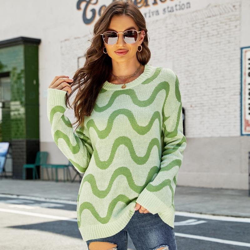 V562-D4018123060DBT-202505261926-00 Women Casual Pullover Sweater Round Neck Wave Pattern Collision Colour Knitted Sweater - Size Xl Black - Green - Image 1