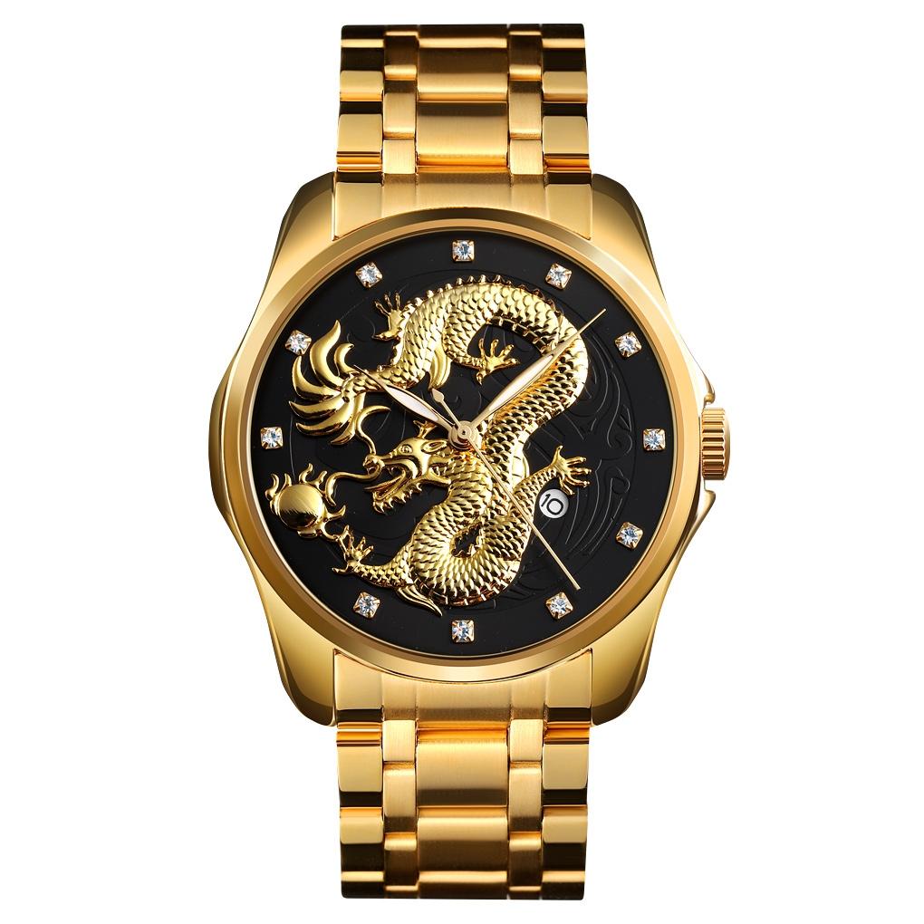 V562-E101139100ADE-202504171917-00 Men Golden Dragon Calendar Dial Quartz Watch with Luminous Hands - Gold Black - Image 1