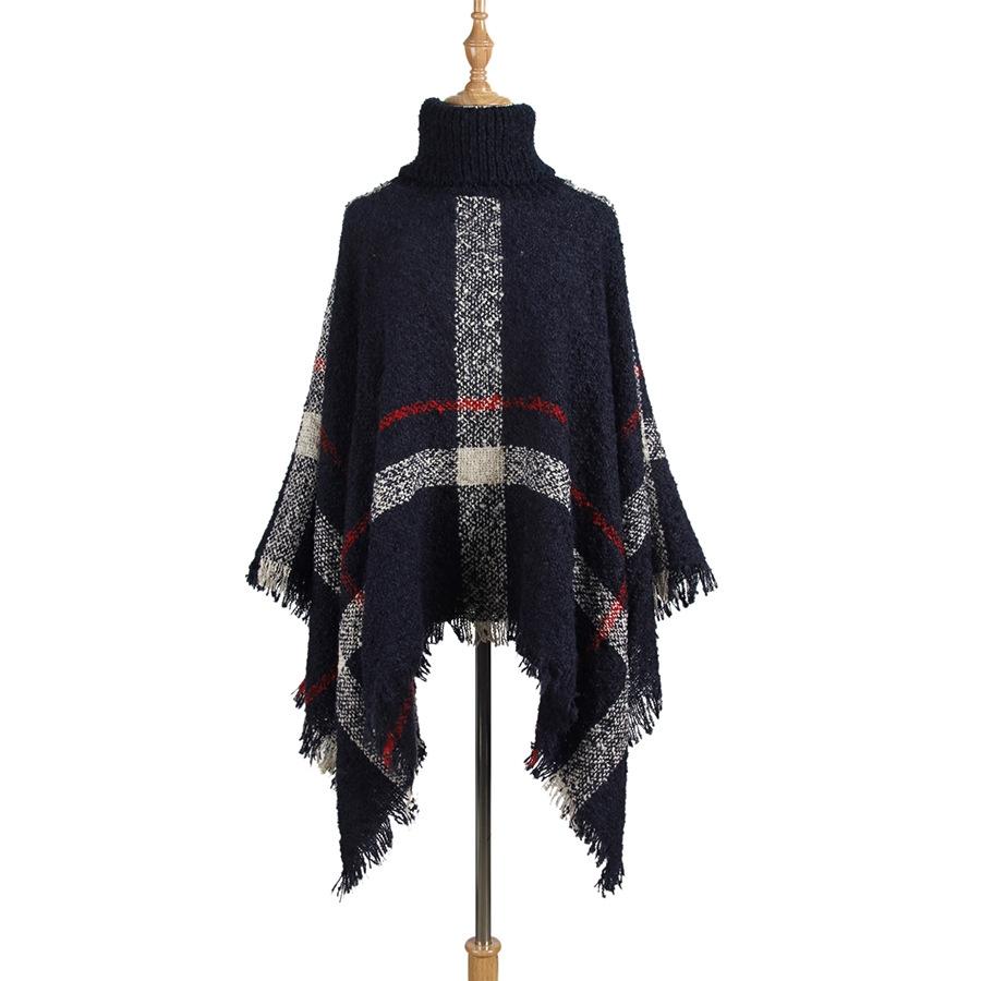 V562-E1051504450DBT-202505262027-00 Women Mid-Length Turtleneck Sweater Fringed Cloak Shawl - Size Free Size - Navy Blue - Image 1
