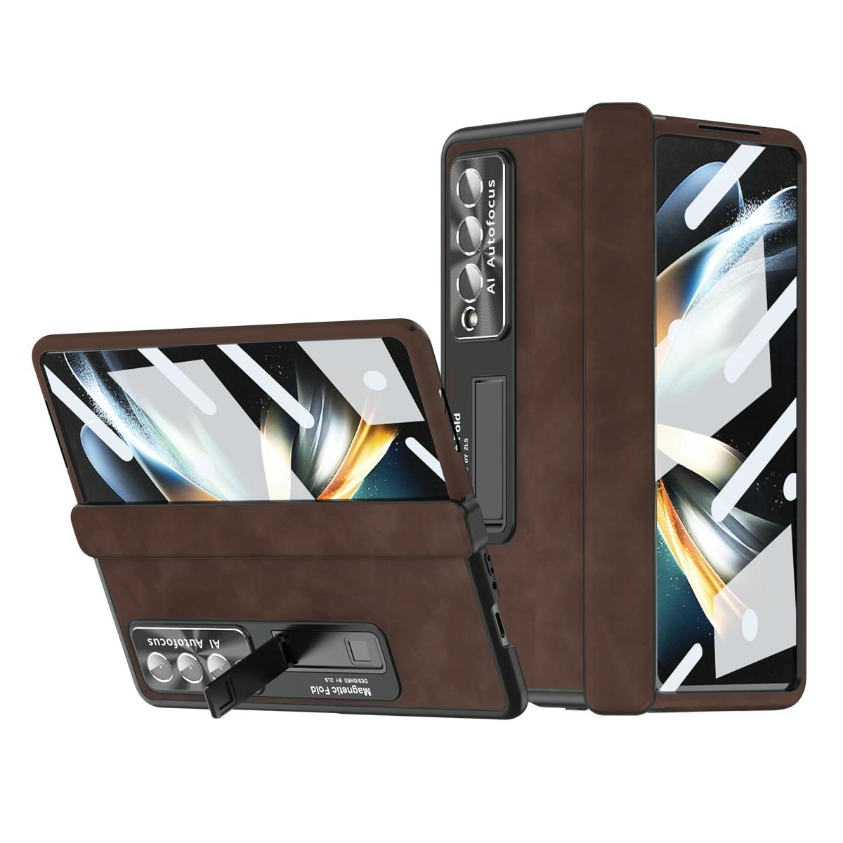 V562-E105351400ADE-202503211516-00 For Samsung Galaxy Z Fold4 5G Magnetic Phone Case - Napa Pattern - Coffee - Image 1