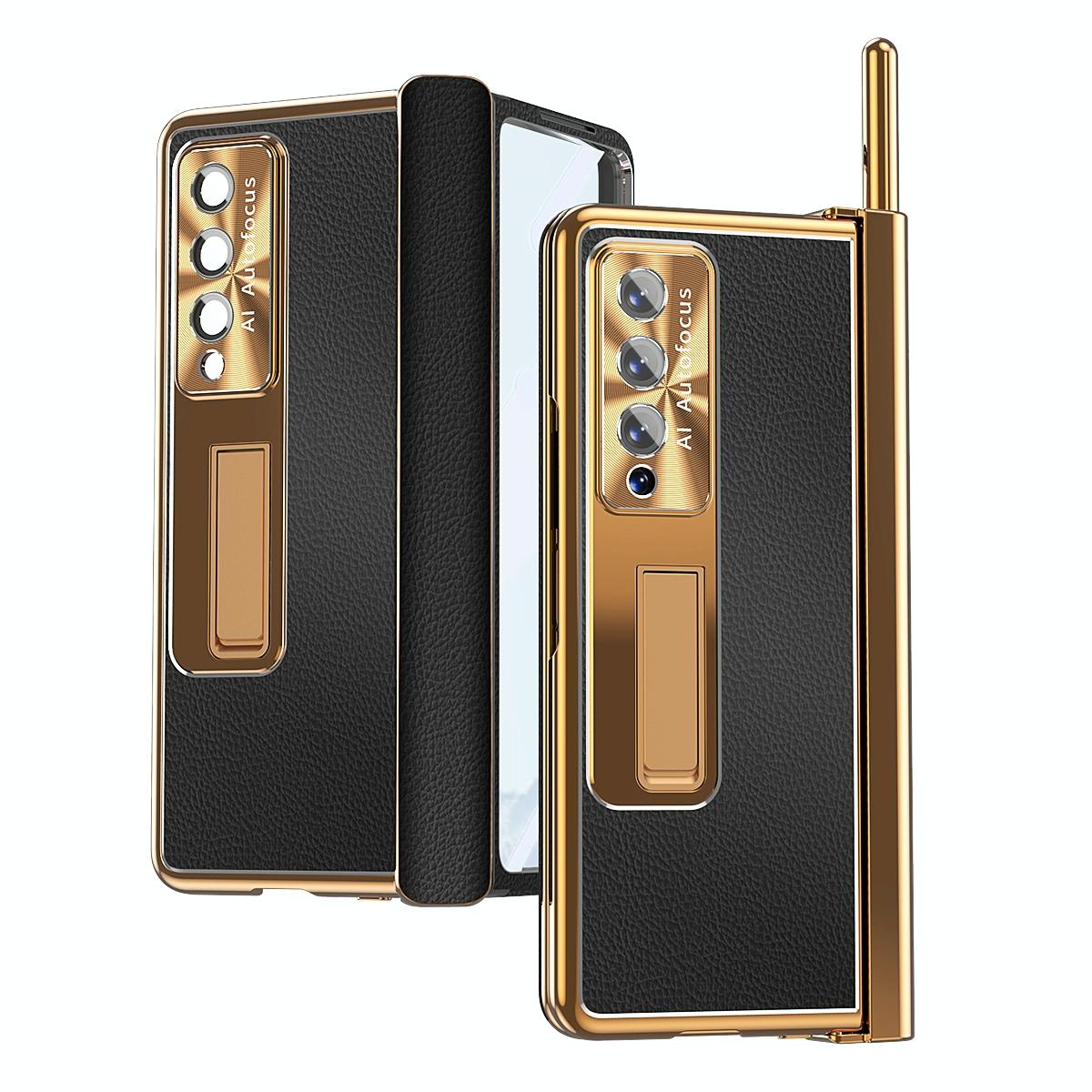 V562-E201994300ADE-202503211425-00 For Samsung Galaxy Z Fold4 5G Shockproof Magnetic Litchi Pattern Phone Case - Black Gold - Image 1