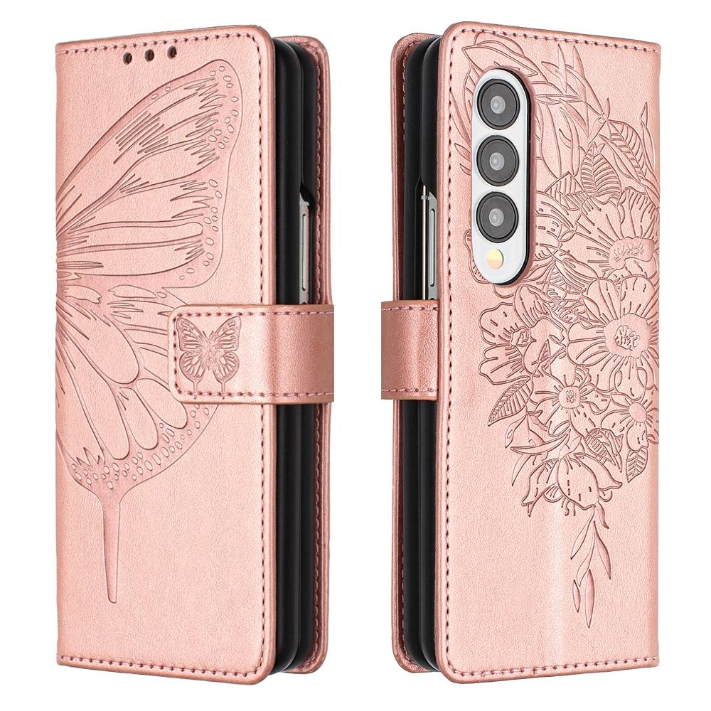 V562-E208387300ADE-227089-00 For Samsung Galaxy z Fold4 5G Butterfly Embossed Leather Phone Case - Rose Gold - Image 1