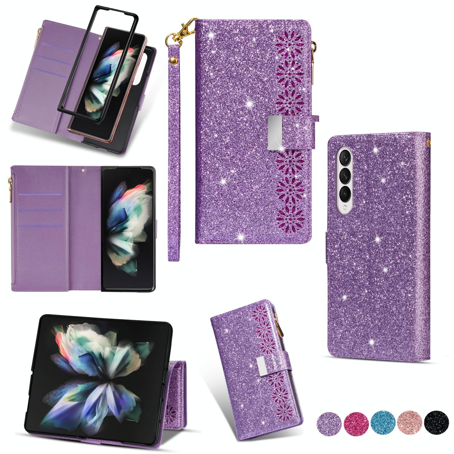 V562-E504564300ADE-202503211426-00 For Samsung Galaxy Z Fold4 5G Sparkling Leather Zip Case - Zipper Closure - Purple - Image 1