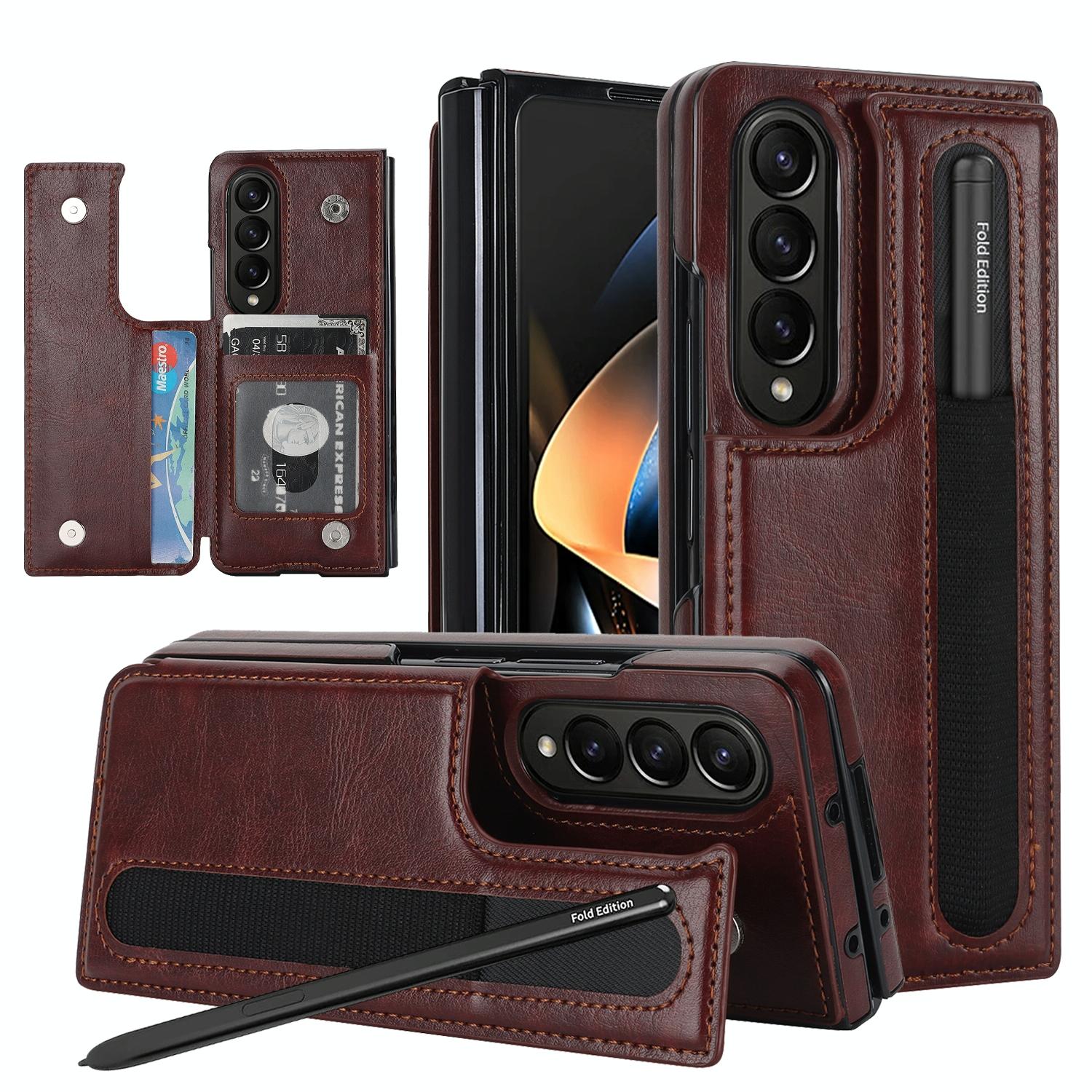 V562-F101307500ADE-202504292112-00 For Samsung Galaxy Z Fold4 5G Double Buckle Foldable Phone Case With Pen Slot - Brown - Image 1