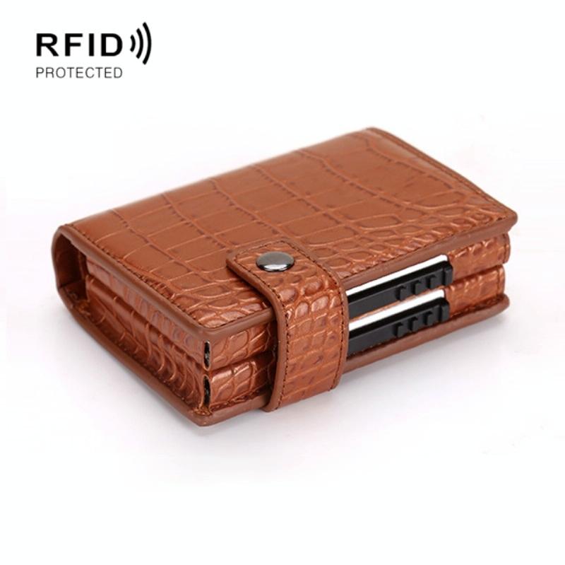 V562-F1019912750DBT-226842-00 Secure Dual Card Wallet with Rfid Blocking - Crocodile Pattern Coffee - Image 1