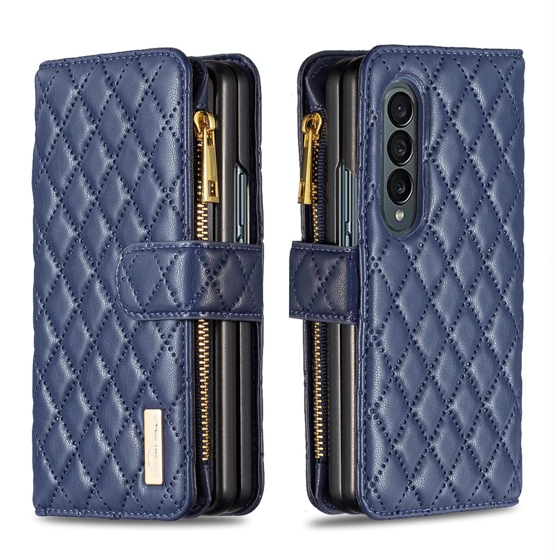 V562-F102265300ADE-202505211941-00 For Samsung Galaxy Z Fold4 5G Leather Zip Wallet - Diamond Lattice Design - Blue - Image 1