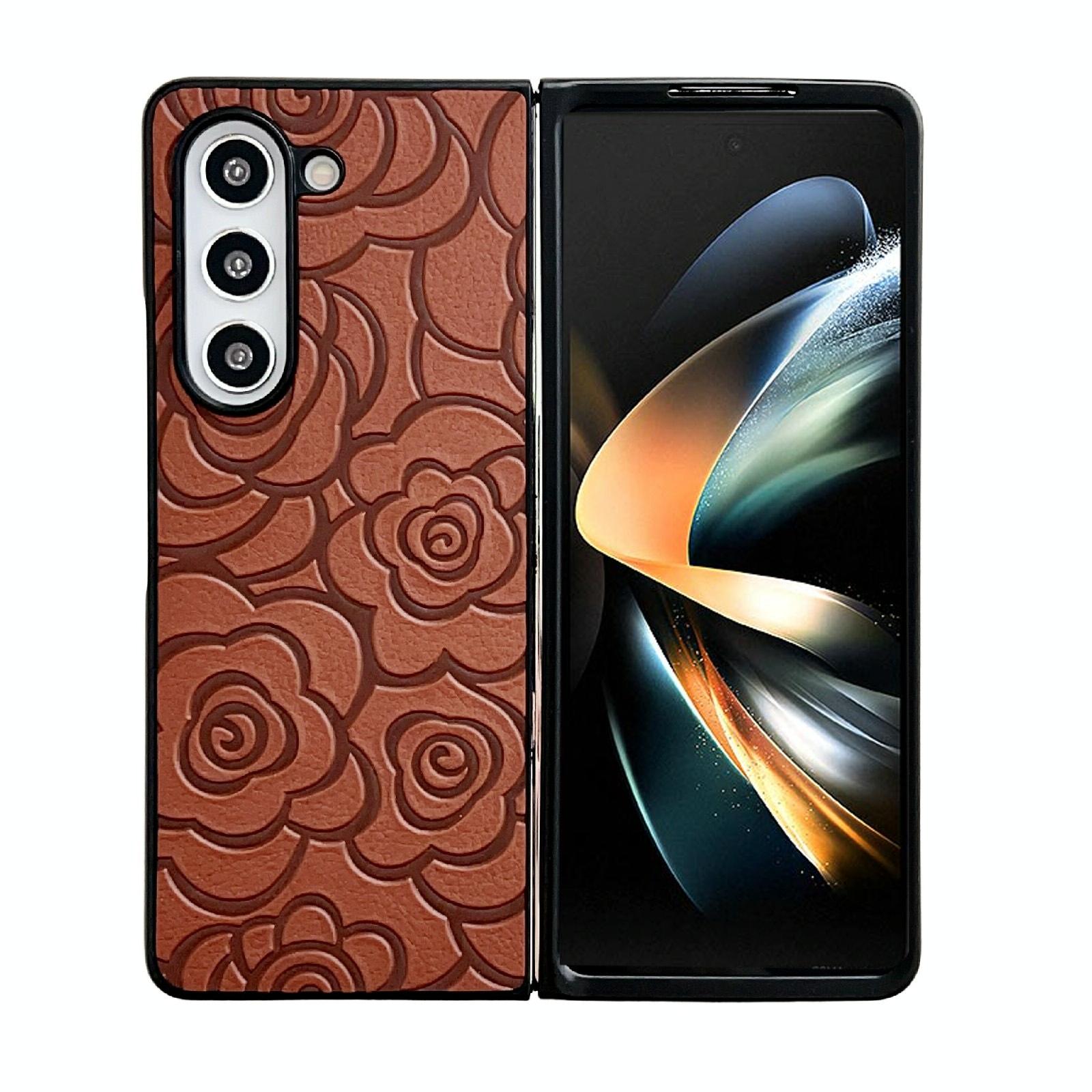V562-F207289500ADE-202505221920-00 For Samsung Galaxy Z Fold4 5G Floral Print Protective Phone Case - Brown - Image 1