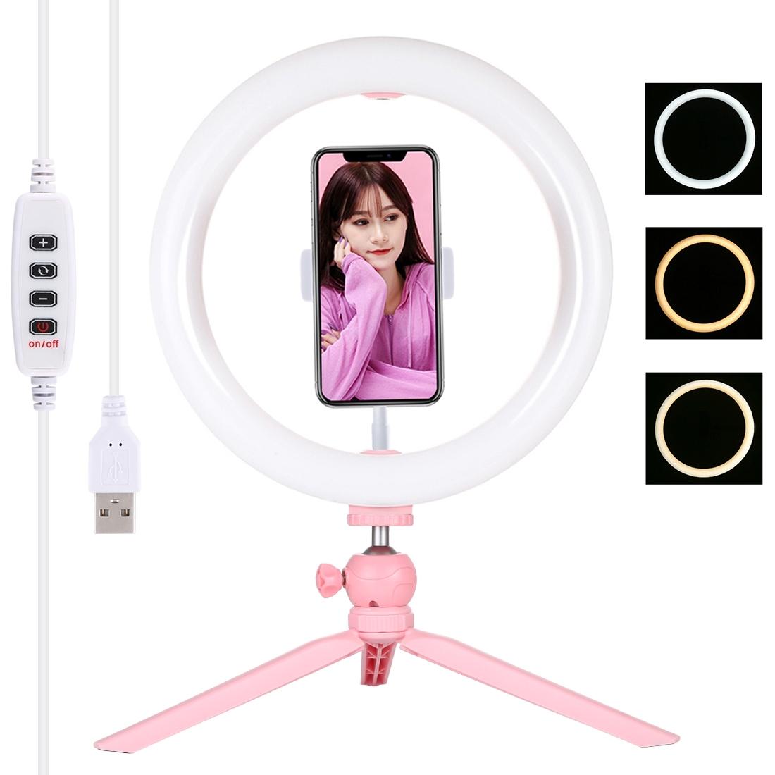 V562-F2703TKP-220038-00 10.2 Led Ring Light with Tripod and Phone Clamp - 3 Modes Dual Colour Temperature Dimmable - Pink - Image 1