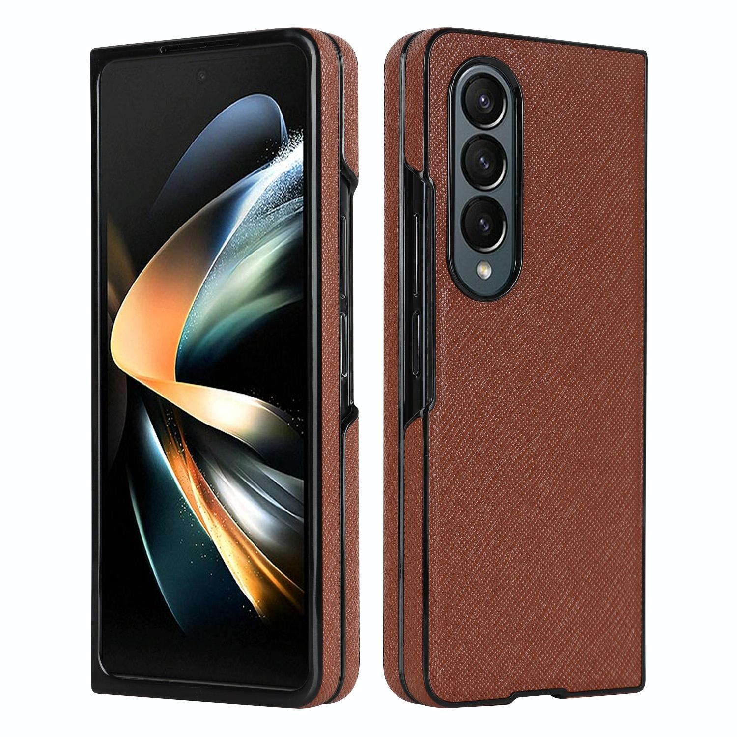 V562-F306672600ADE-202505061706-00 For Samsung Galaxy Z Fold4 5G Foldable Cross Pattern Phone Case - Compact Design - Brown - Image 1