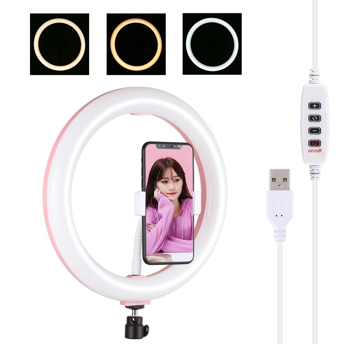 V562-F654UP-202502241515-00 26cm Usb 3 Modes Dimmable Led Ring Light with Phone Clamp - Pink - Image 1