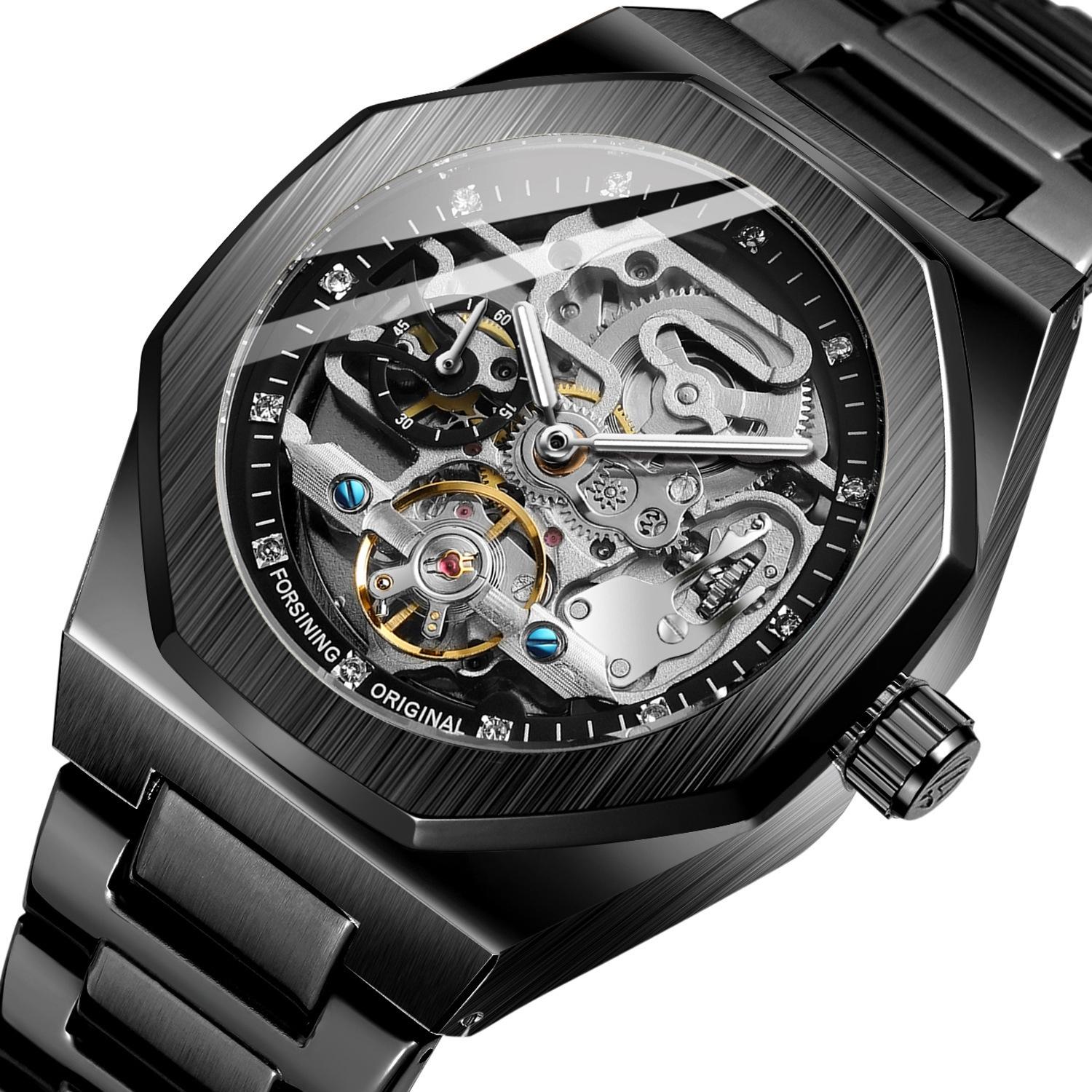 V562-G1012923060DBT-202504181116-00 Men Automatic Mechanical Watch with Luminous Dial and Steel Band - Black Belt Black Face - Image 1