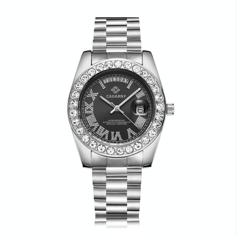 V562-G101399200ADE-223827-00 Men Quartz Watch with Diamond-encrusted Roman Numeral Dial - Silver Shell Black Dial - Image 1