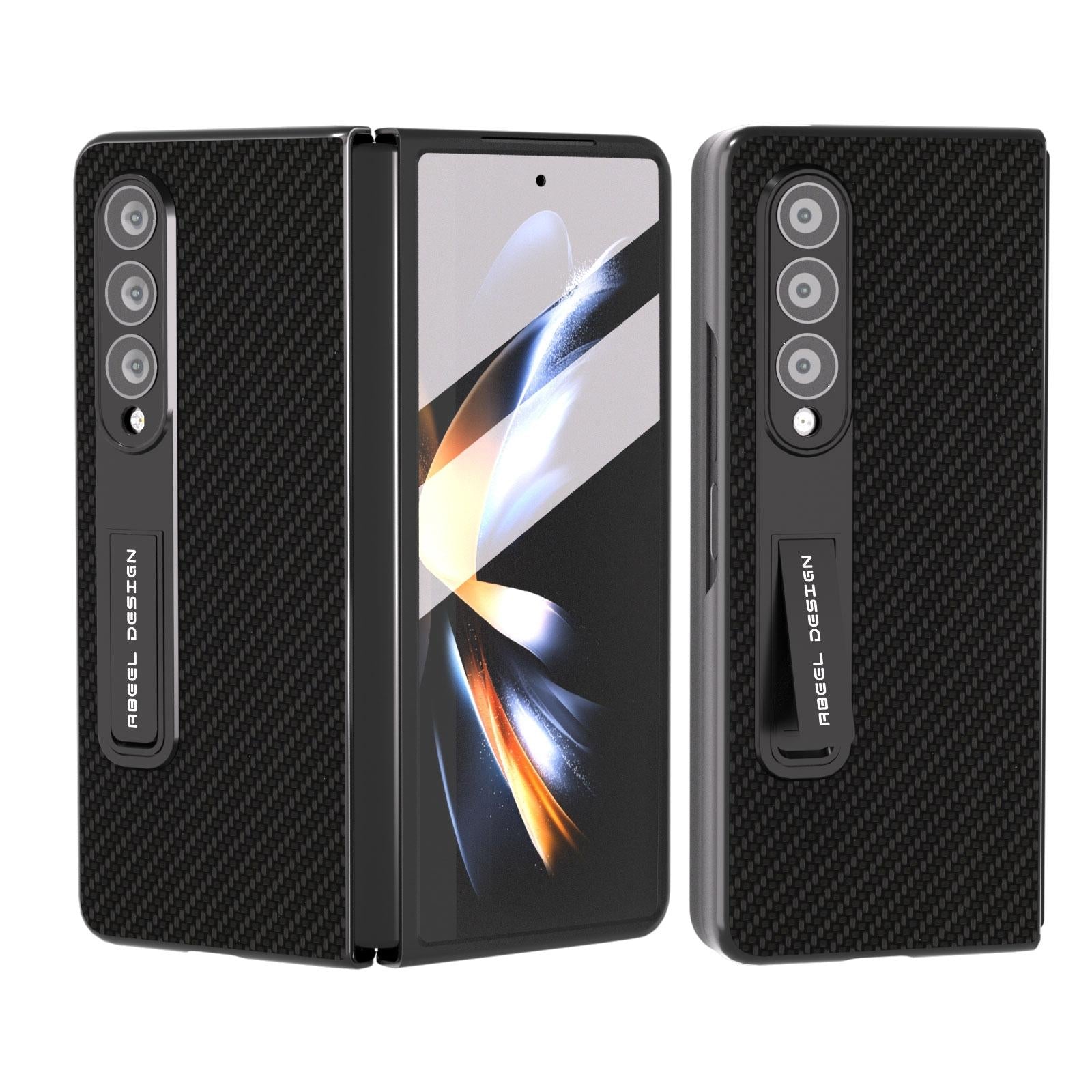 V562-G202707400ADE-202505221916-00 For Samsung Galaxy Z Fold4 5G Carbon Fiber Phone Case With Holder - Black - Image 1