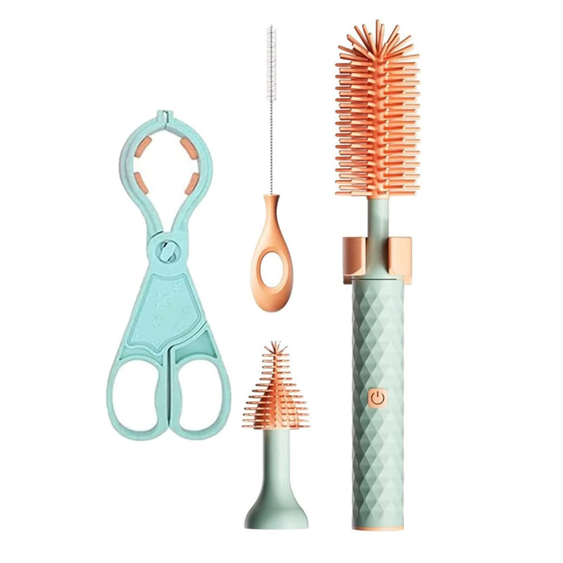 V562-GU23-WM33GREEN-202503280146-00 Vibe Geeks 360° Rotation Long Handle Reusable Silicone Baby Bottle Brush Set - Green - Image 1