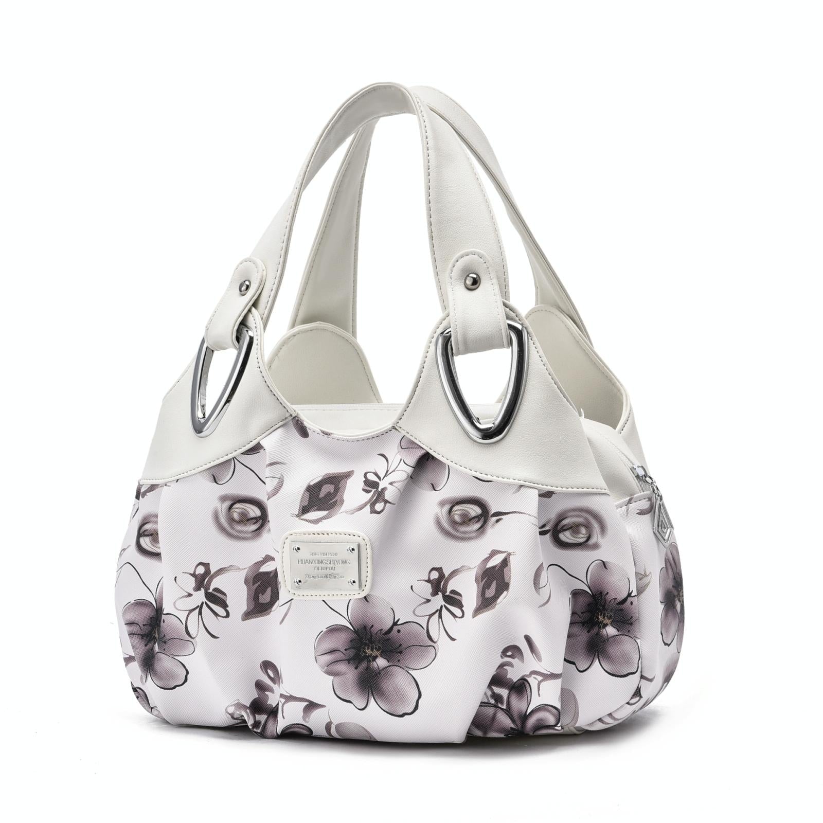 V562-J1094522060DBT-202504251706-00 Soft Leather Women Handbag - White Handle Gray Flower - Image 1